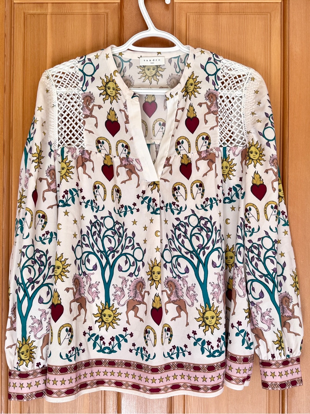 Sandro Cream Printed Crochet-Shoulder V-Neck Blouse with Teal Tree Motifs